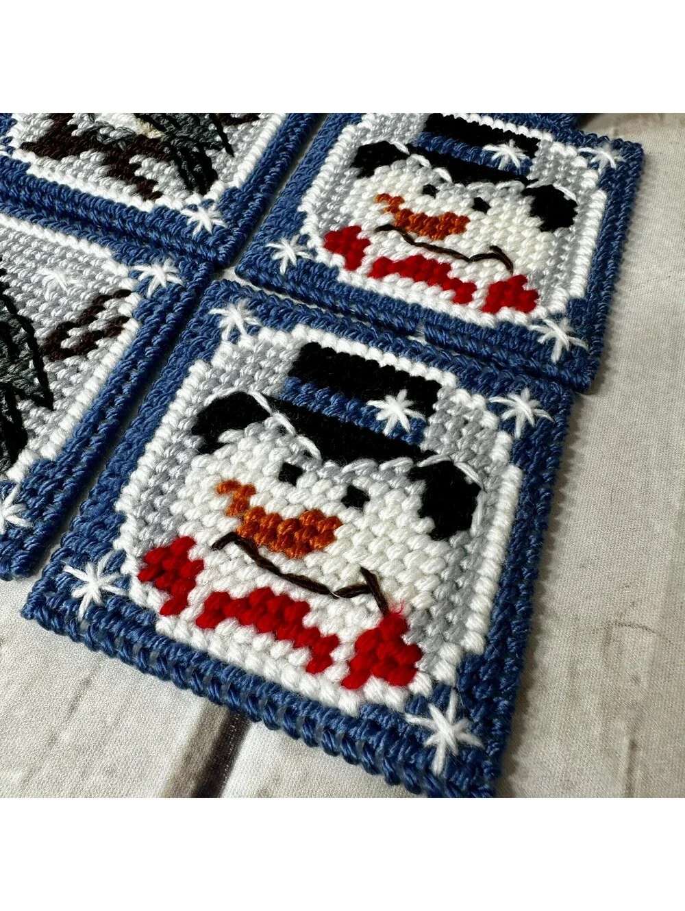 Vintage “Let It Snow” Handmade Coasters and Holder Plastic Canvas Set of 6
